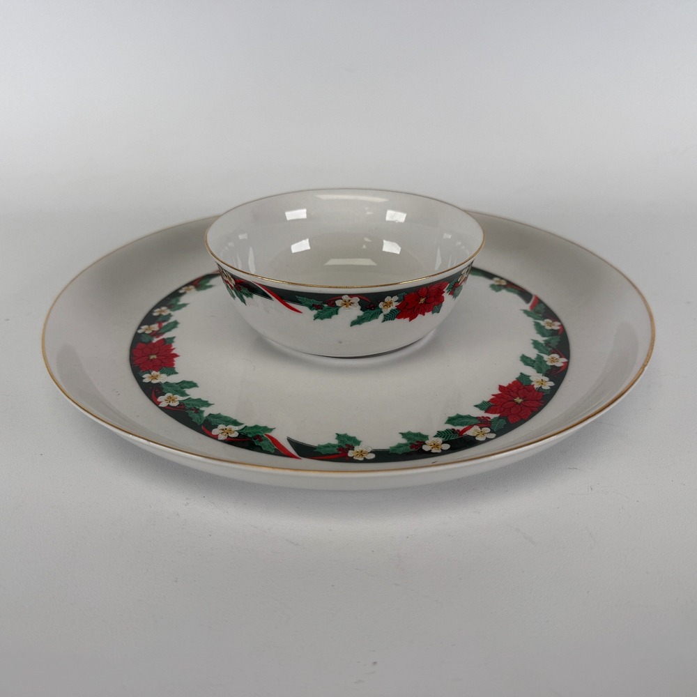 Tienshan Fine China Deck the Halls Poinsettia Chip and Dip Set 2 Piece Holiday
